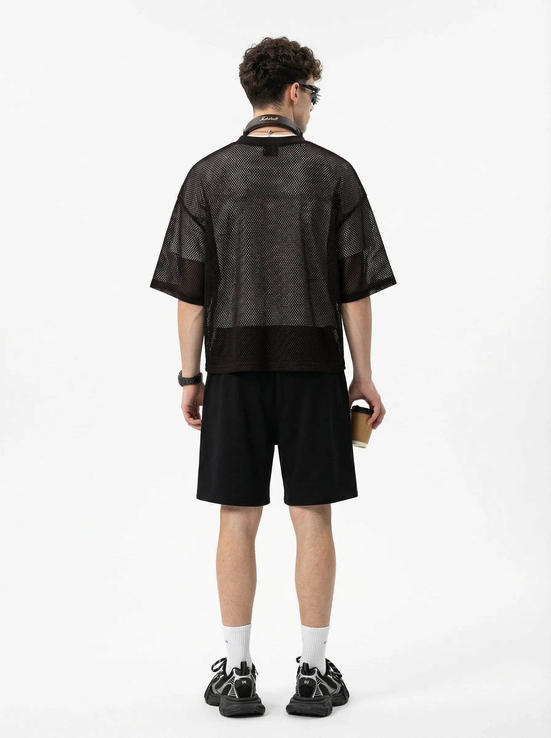 Boxy Hollow Fit Mesh V-Neck T-Shirt