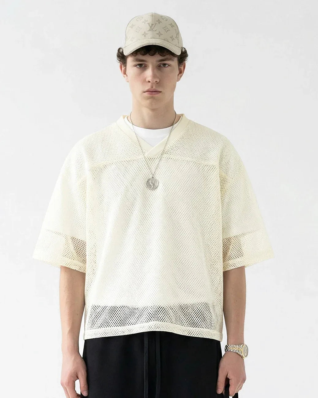 Boxy Hollow Fit Mesh V-Neck T-Shirt