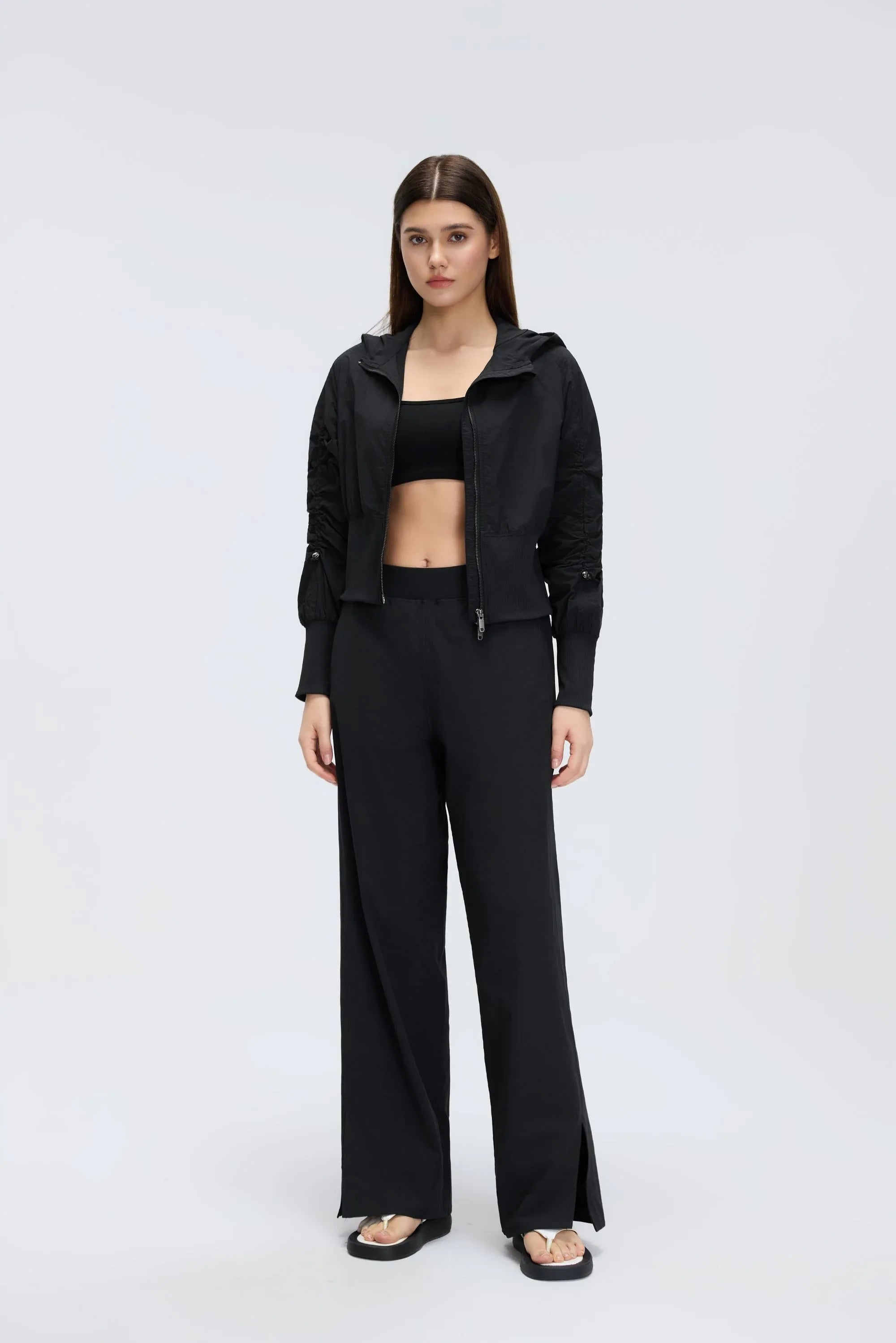 Cropped Drawstring Hooded Windbreaker