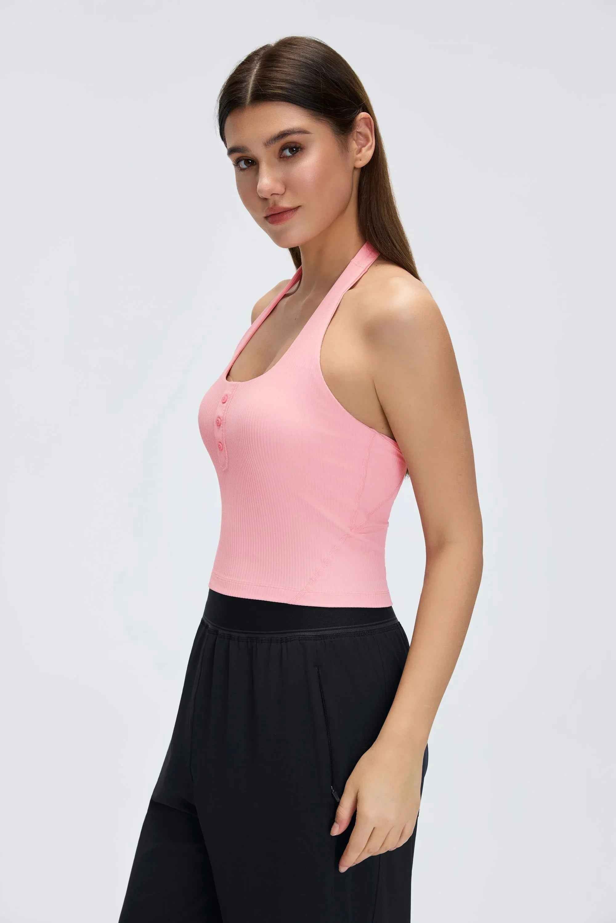 Henley Neck Built-in Bra Tank Top