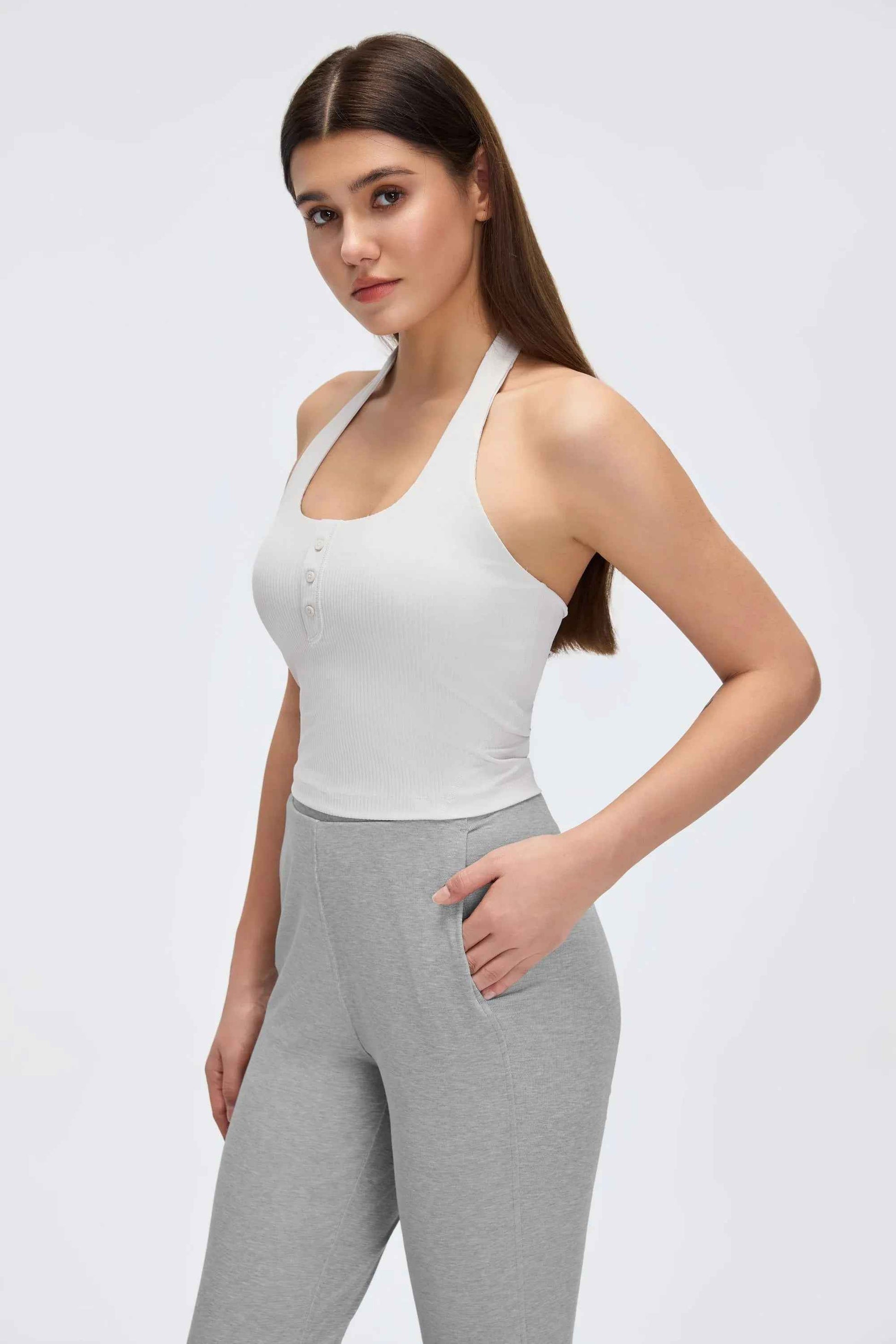 Henley Neck Built-in Bra Tank Top