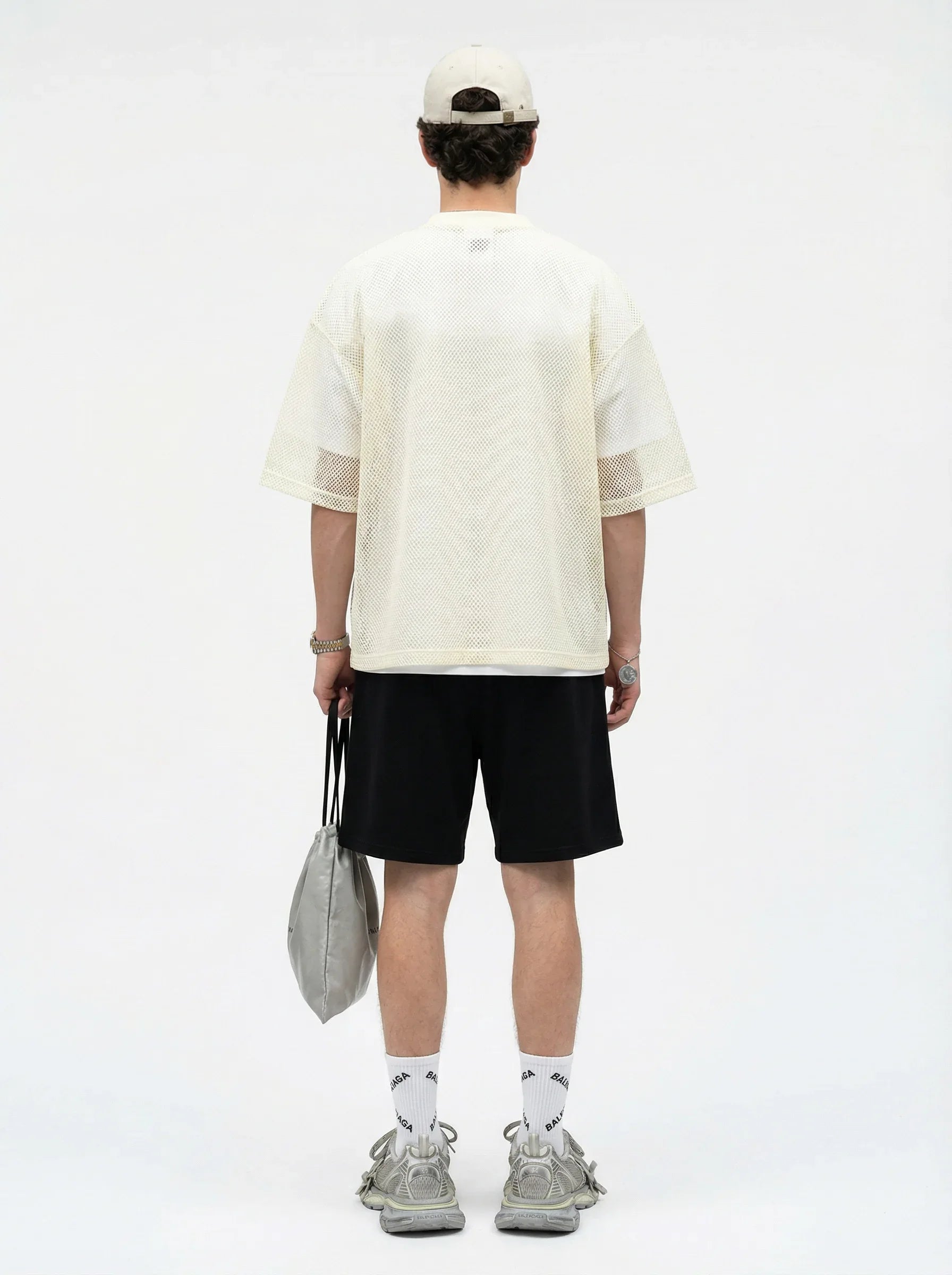 Boxy Hollow Fit Mesh V-Neck T-Shirt