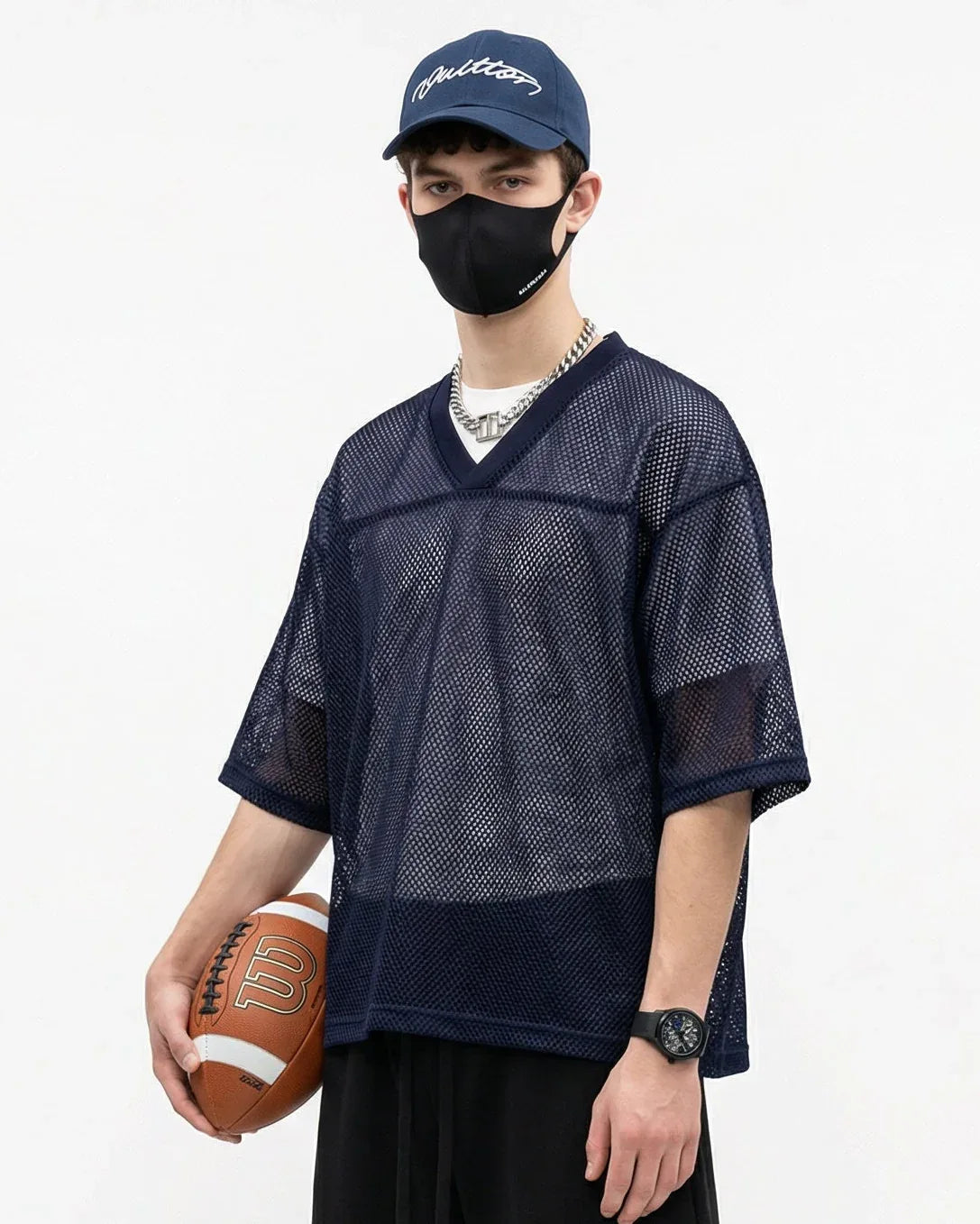 Boxy Hollow Fit Mesh V-Neck T-Shirt