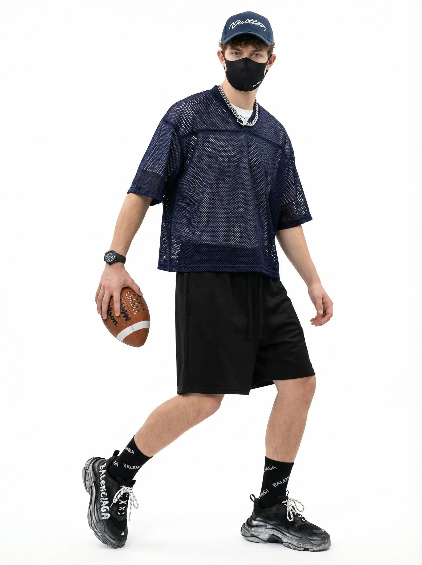 Boxy Hollow Fit Mesh V-Neck T-Shirt