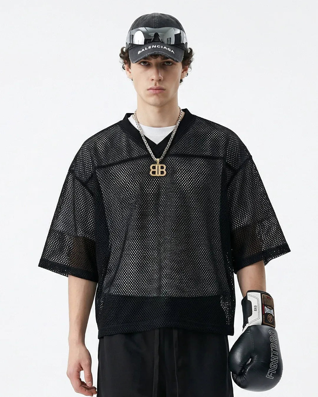Boxy Hollow Fit Mesh V-Neck T-Shirt