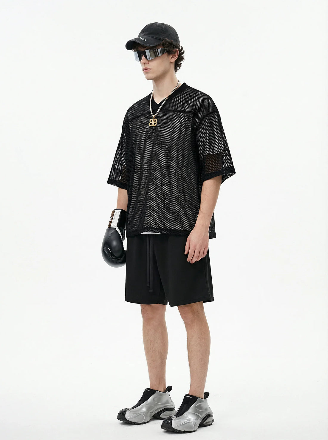 Boxy Hollow Fit Mesh V-Neck T-Shirt