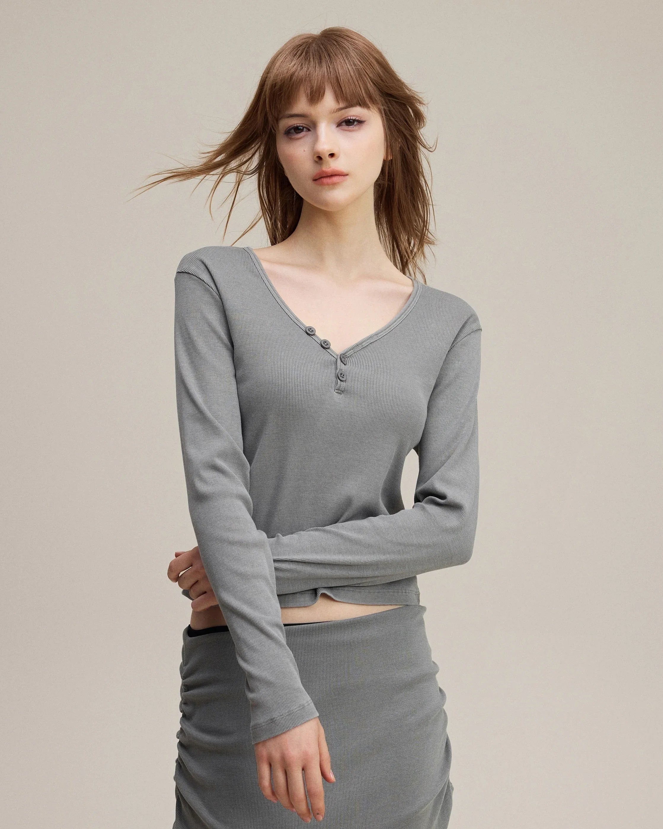 Women’s Slim-Fit V-Neck Button Knit Top
