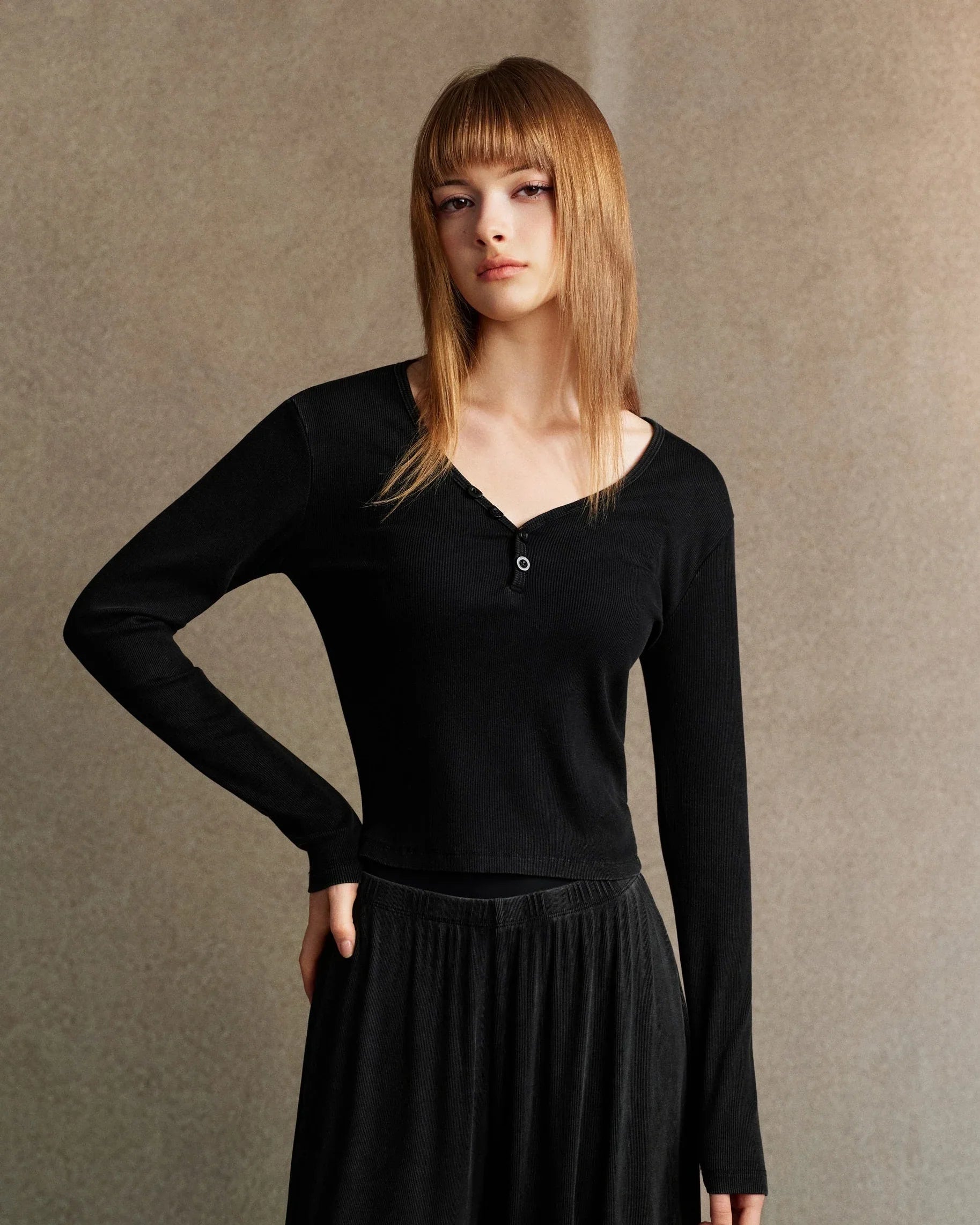 Women’s Slim-Fit V-Neck Button Knit Top