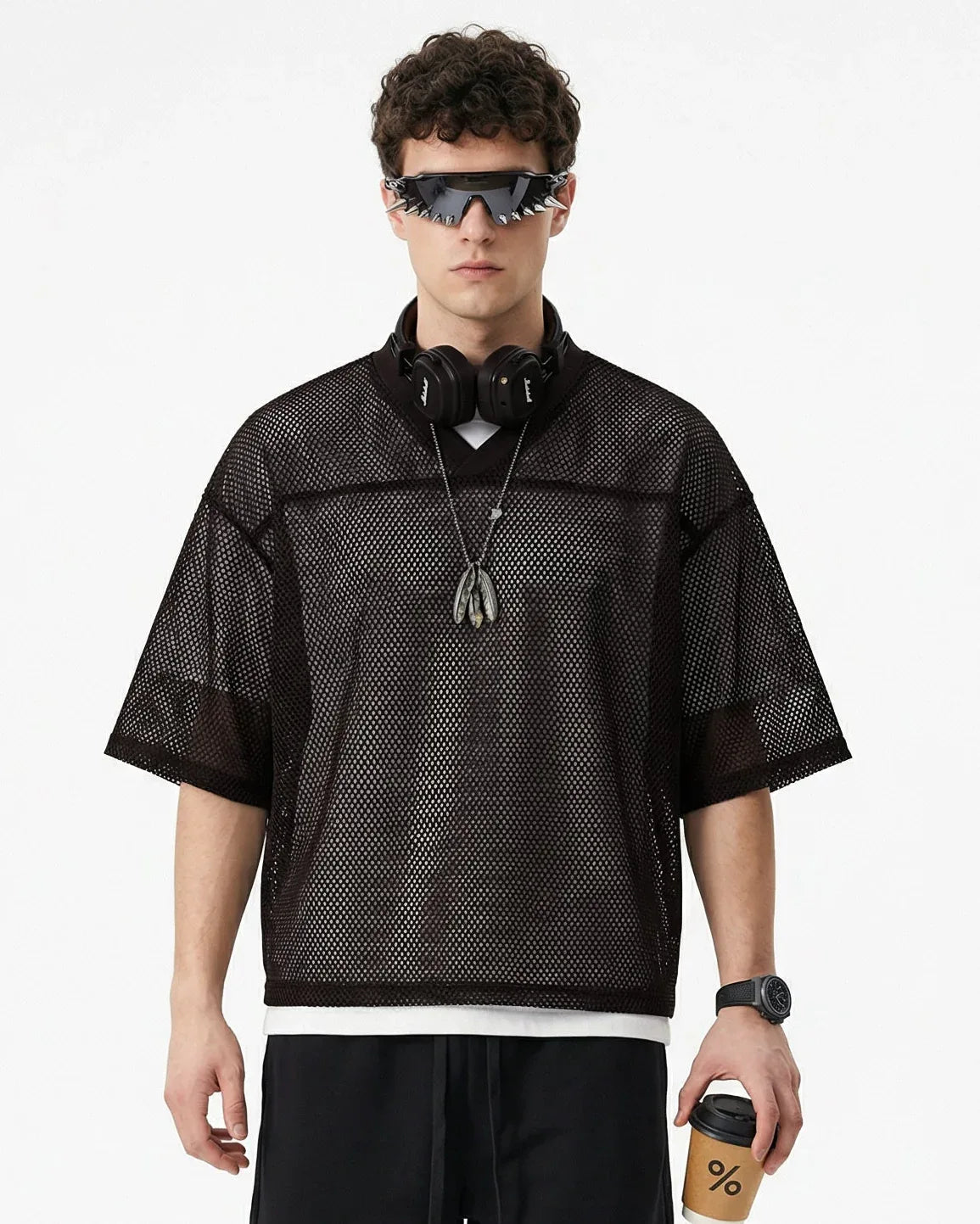 Boxy Hollow Fit Mesh V-Neck T-Shirt