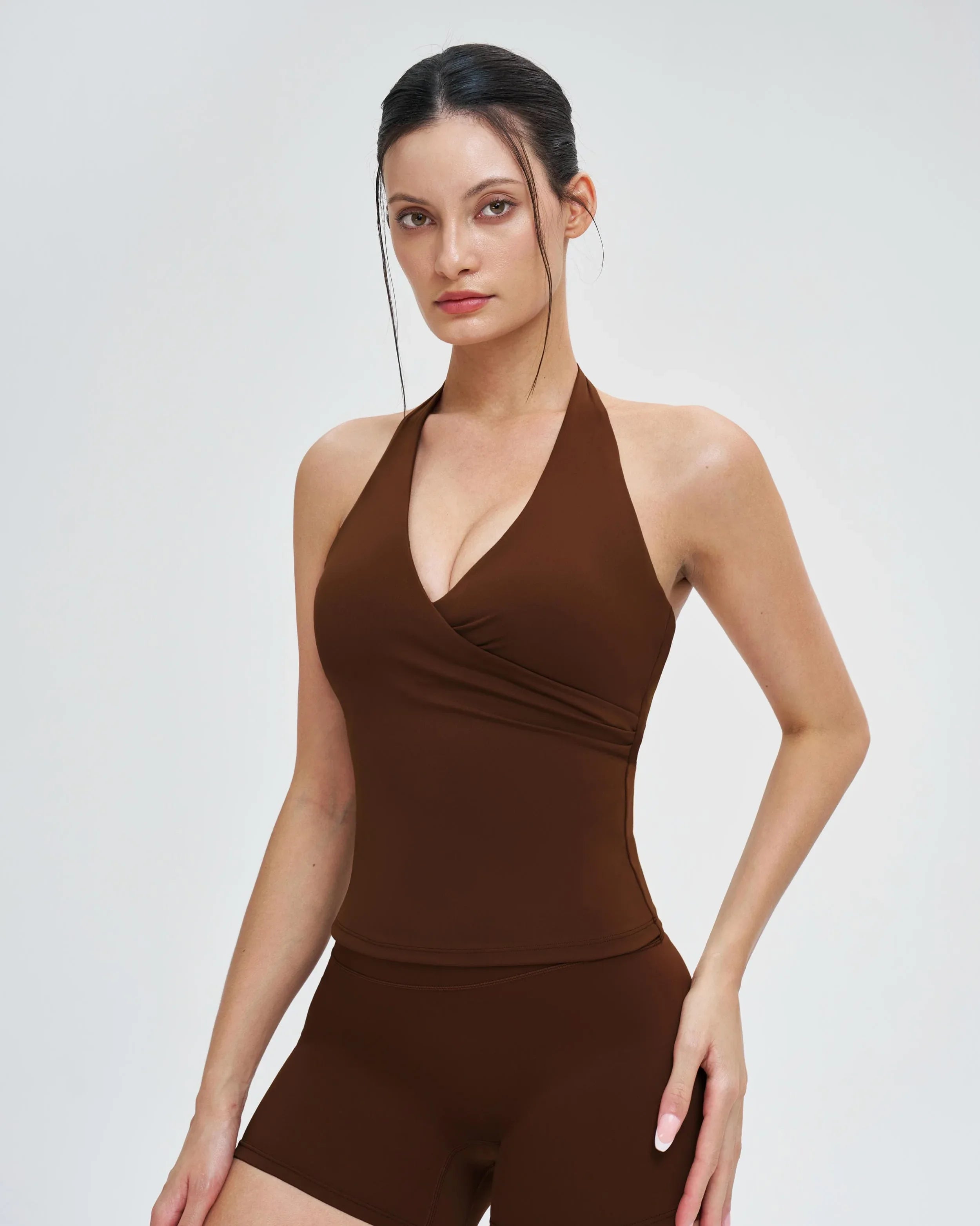 Wrap Neck Brushed Backless Sports Bra